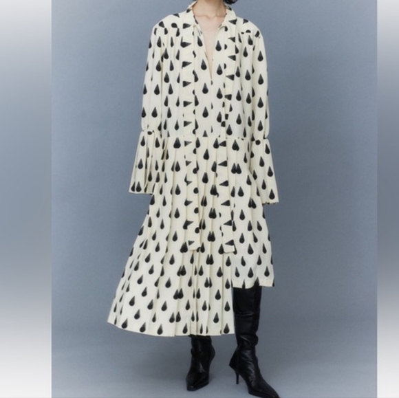 H&M STUDIO A/W 2023 GRAPHIC-PRINT PLEATED Maxi DRESS cream/black NO LOW BALLING! - Picture 16 of 16